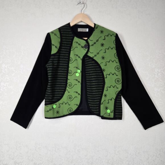 VTG Wool Blend Canvasbacks Jacket S Green Black Mixed Print Art To Wear Boho - Picture 2 of 13